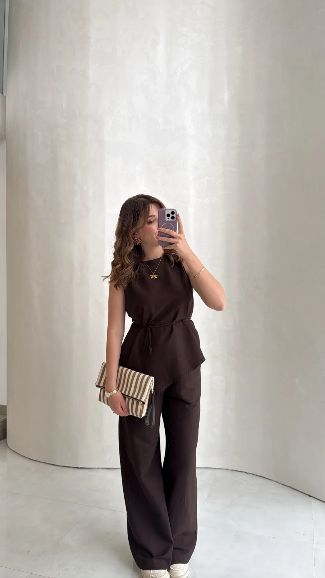 Adel Bağcıklı Asimetrik Bluz Pantolon Takım - Kahve - Kod: 8784