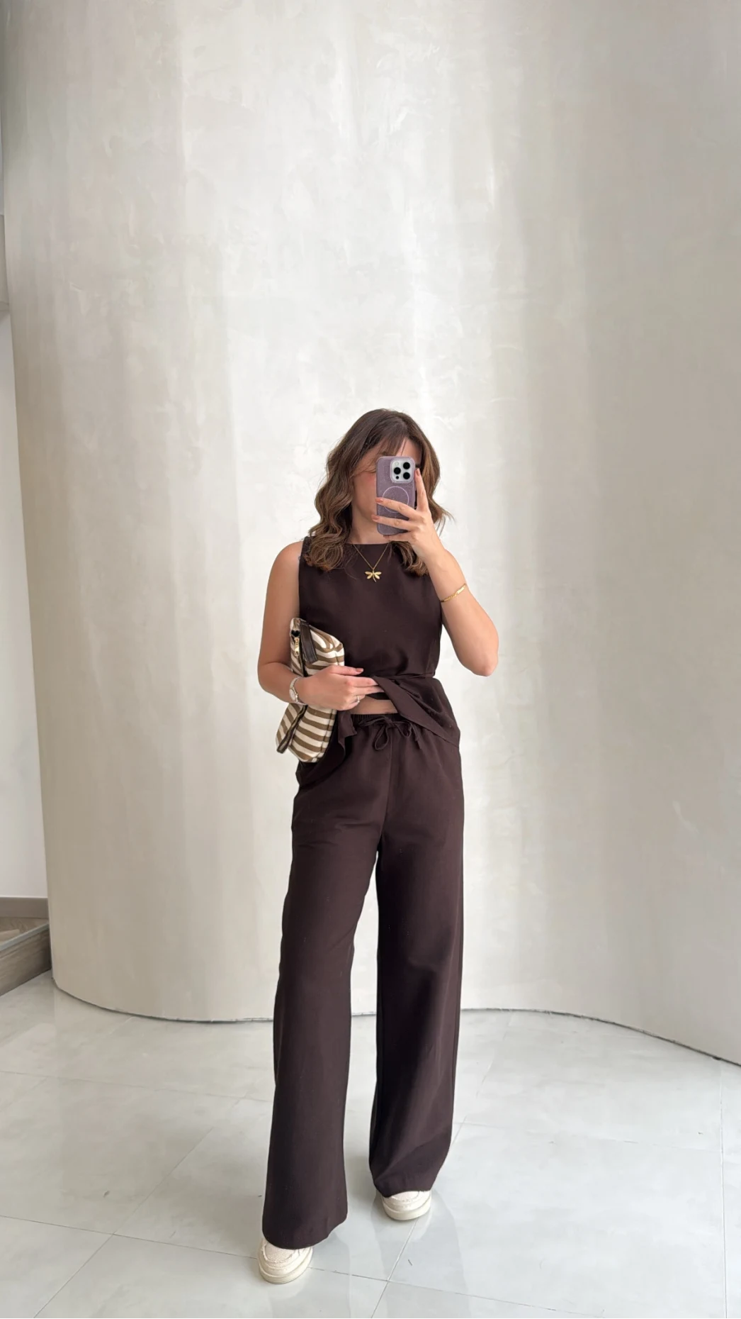 Adel Bağcıklı Asimetrik Bluz Pantolon Takım - Kahve - Kod: 8784