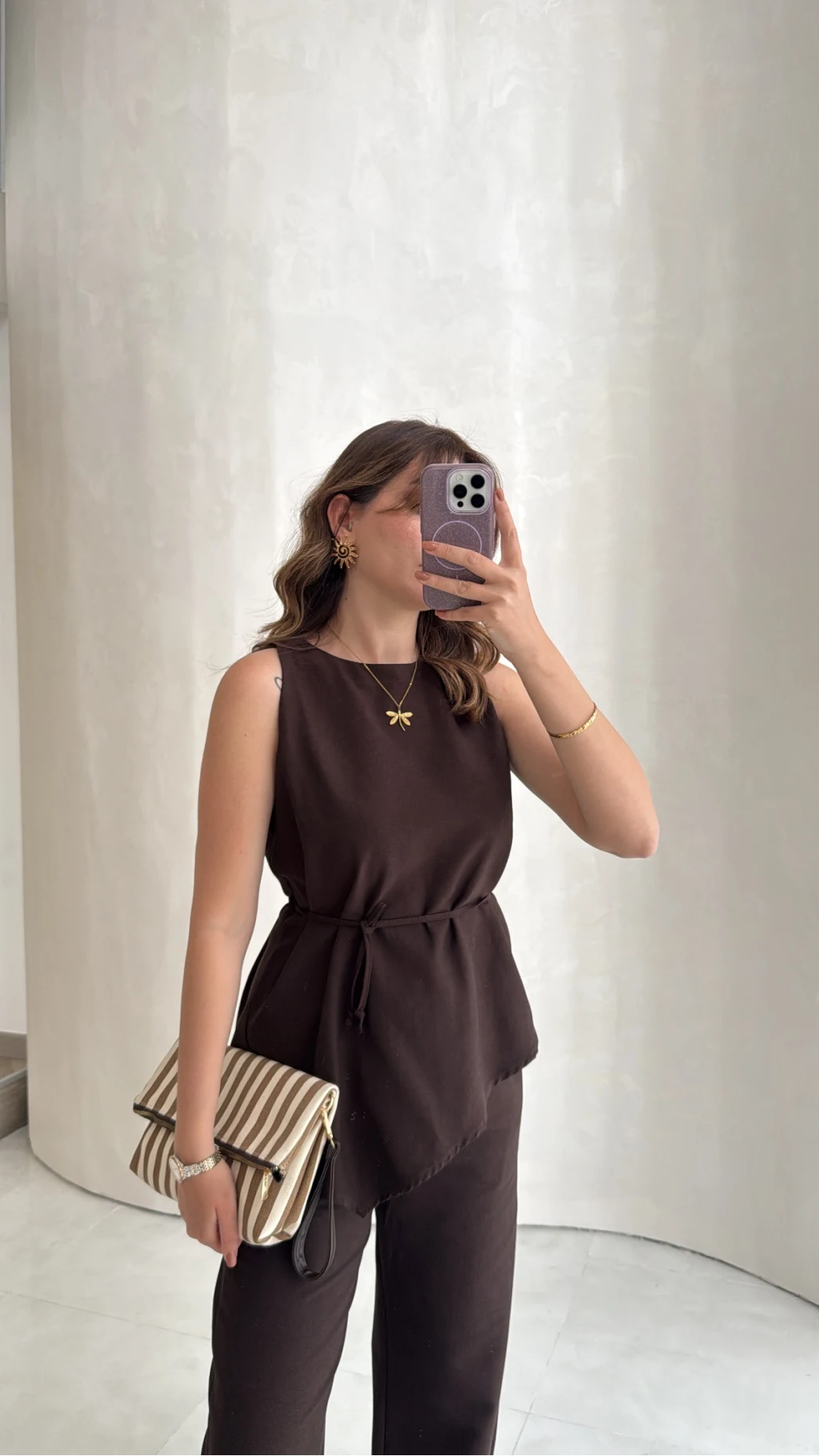 Adel Bağcıklı Asimetrik Bluz Pantolon Takım - Kahve - Kod: 8784