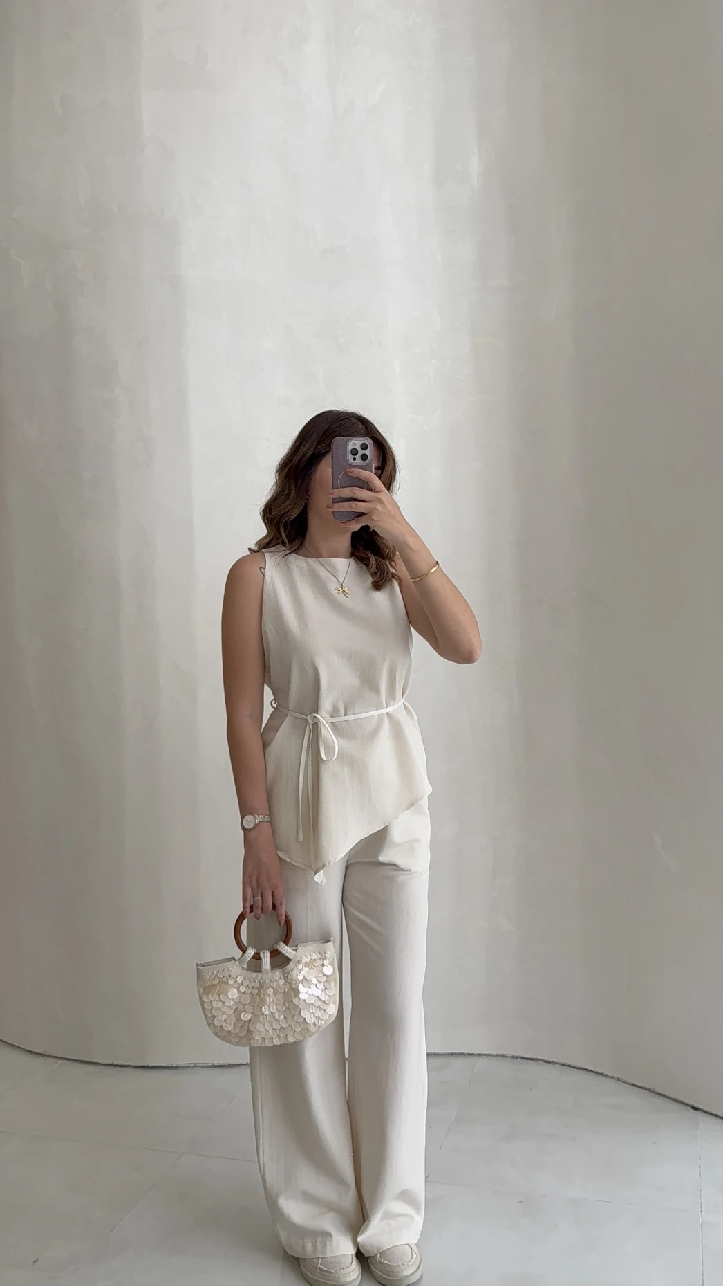 Adel Bağcıklı Asimetrik Bluz Pantolon Takım - Natural - Kod: 8784