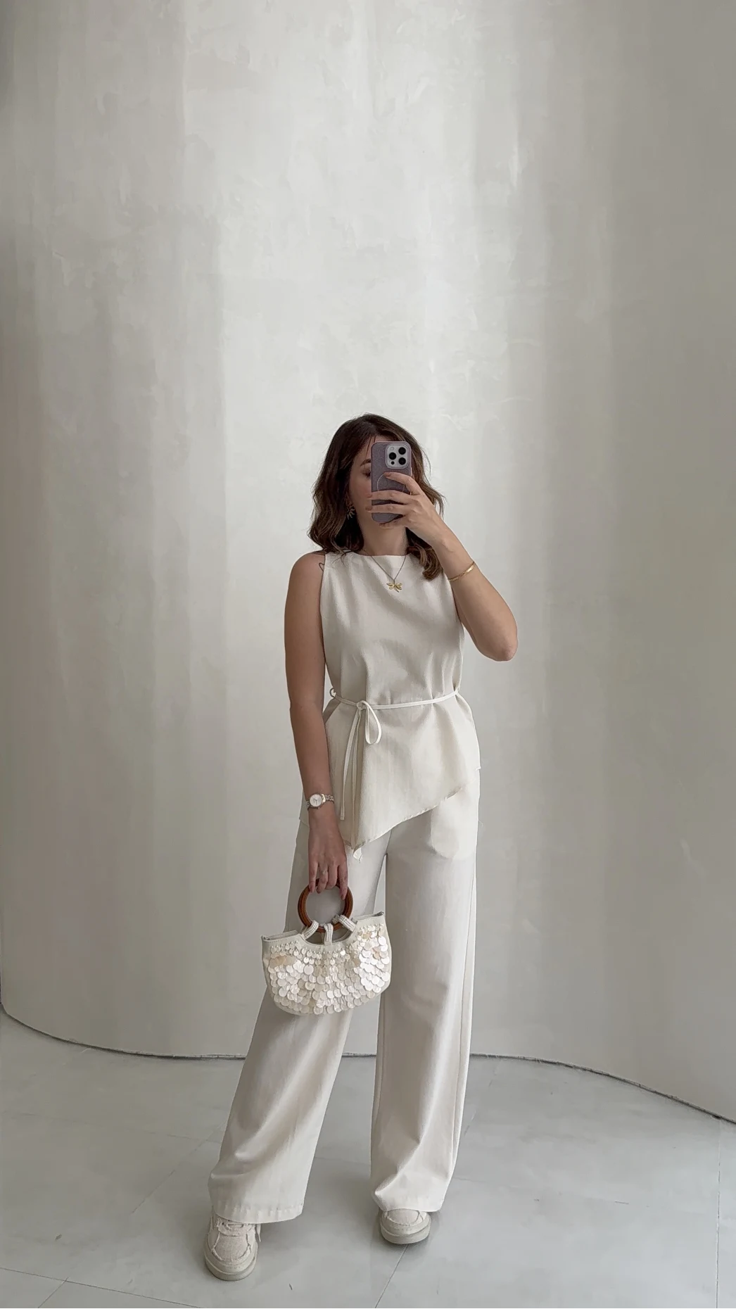 Adel Bağcıklı Asimetrik Bluz Pantolon Takım - Natural - Kod: 8784