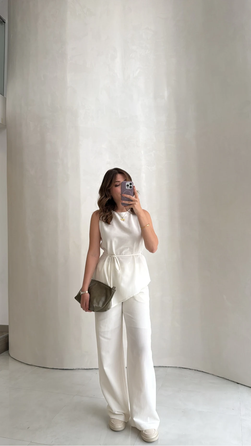 Adel Bağcıklı Asimetrik Bluz Pantolon Takım - Beyaz - Kod: 8784