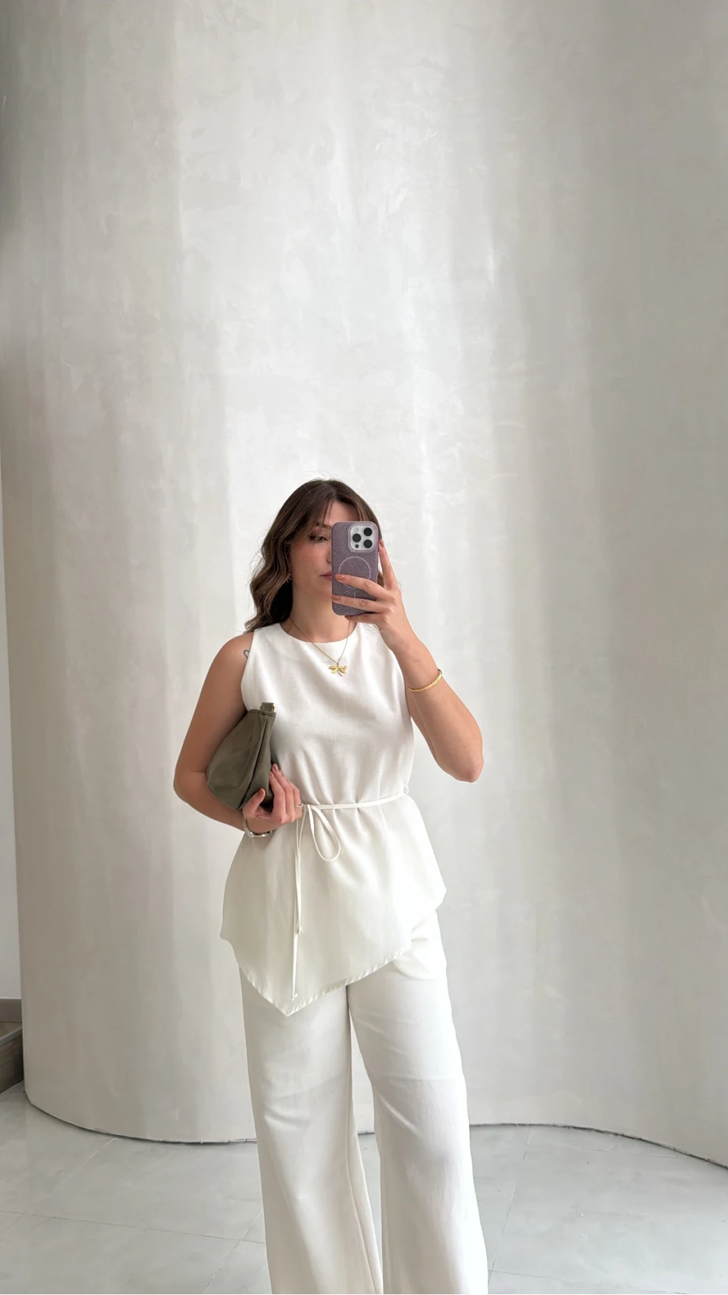 Adel Bağcıklı Asimetrik Bluz Pantolon Takım - Beyaz - Kod: 8784