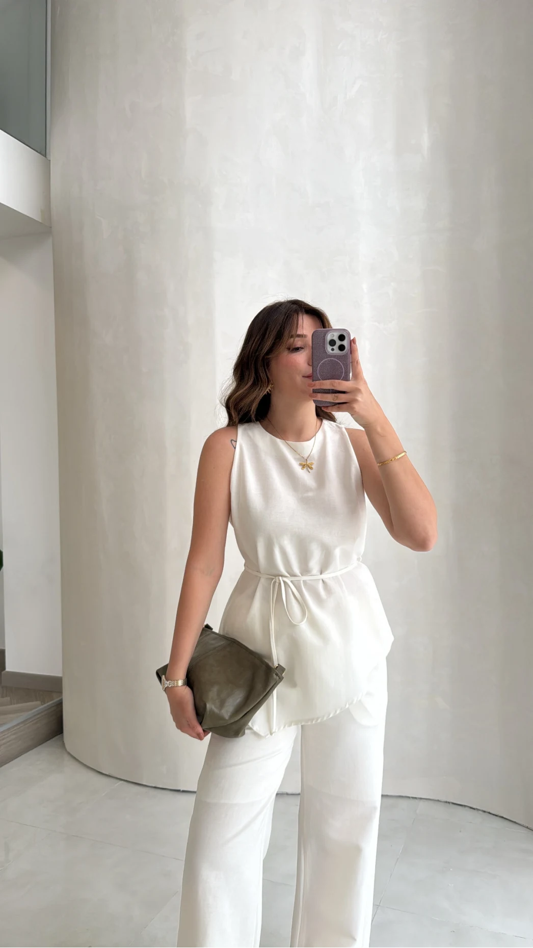 Adel Bağcıklı Asimetrik Bluz Pantolon Takım - Beyaz - Kod: 8784