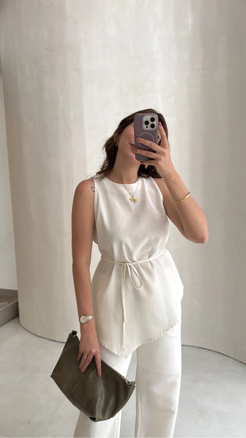 Adel Bağcıklı Asimetrik Bluz Pantolon Takım - Beyaz - Kod: 8784