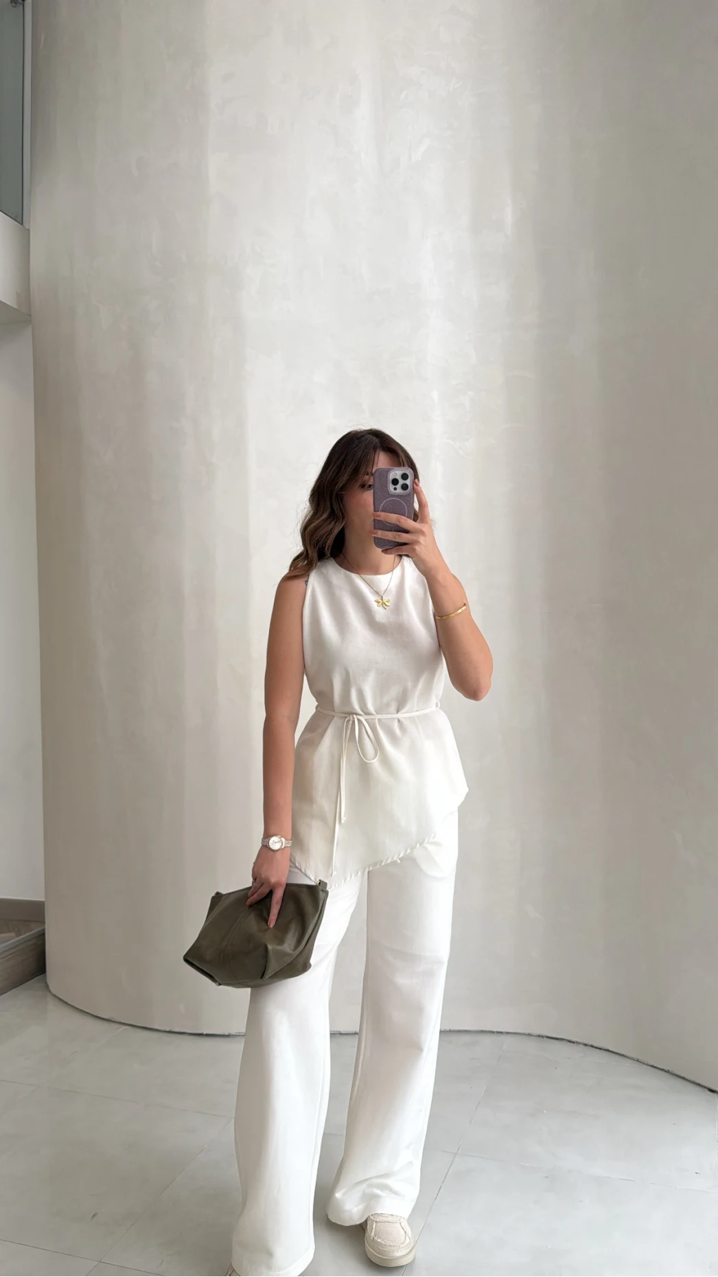 Adel Bağcıklı Asimetrik Bluz Pantolon Takım - Beyaz - Kod: 8784