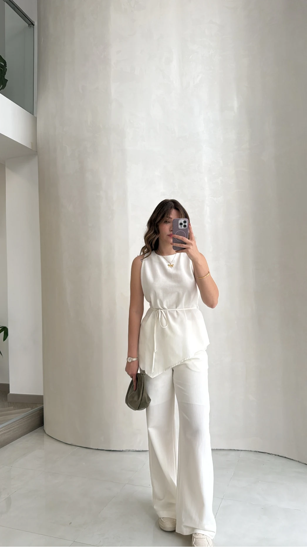 Adel Bağcıklı Asimetrik Bluz Pantolon Takım - Beyaz - Kod: 8784