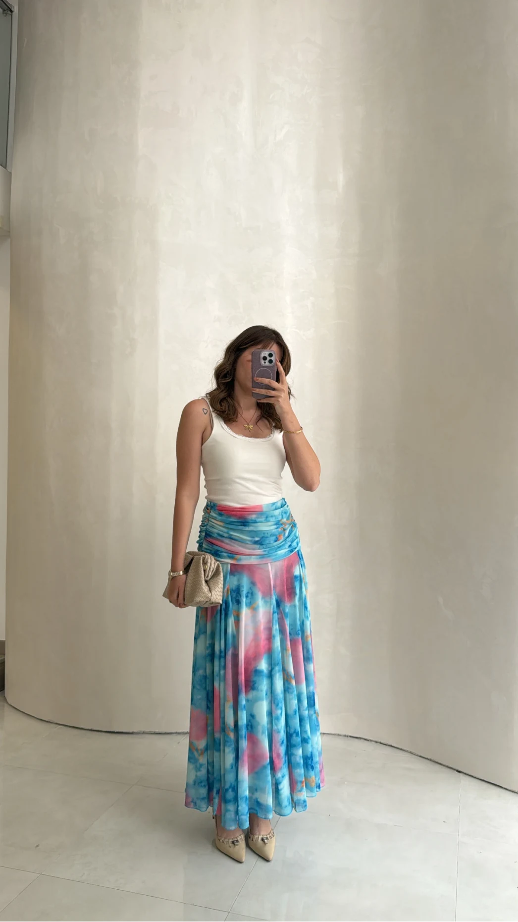 Beli Büzgülü Uzun Astarlı Şifon Etek - Mavi - Kod: 580466