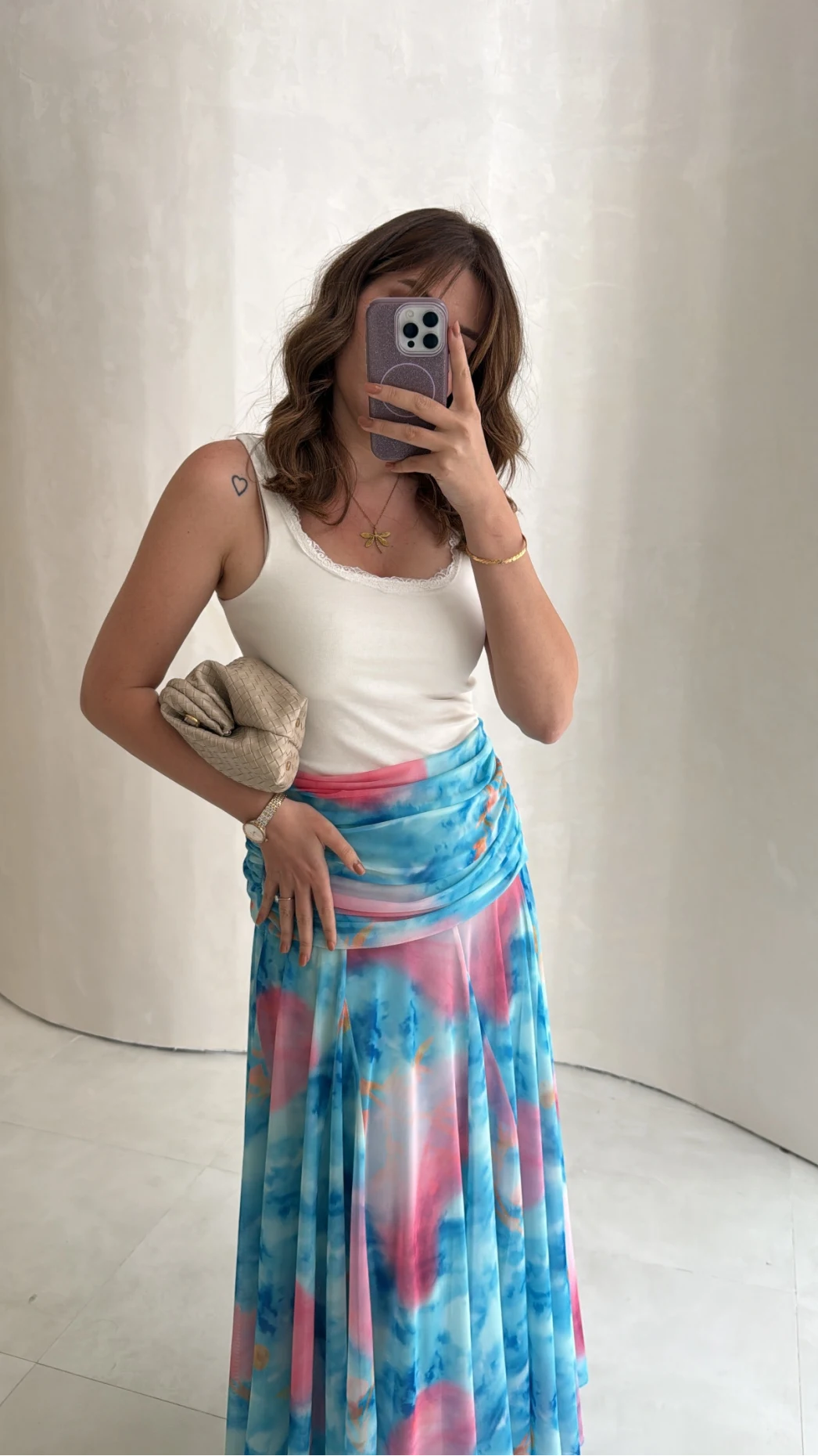 Beli Büzgülü Uzun Astarlı Şifon Etek - Mavi - Kod: 580466