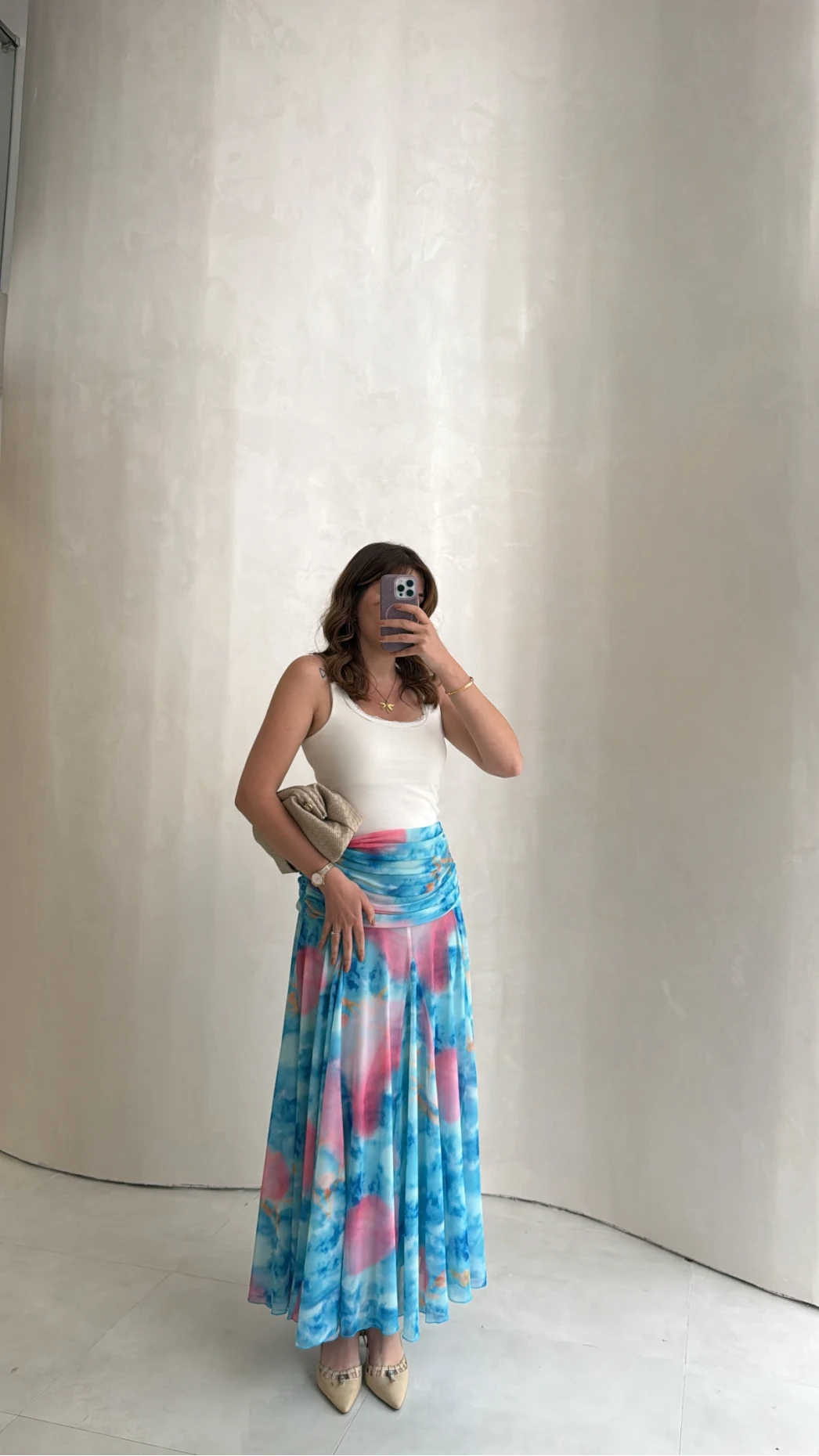 Beli Büzgülü Uzun Astarlı Şifon Etek - Mavi - Kod: 580466