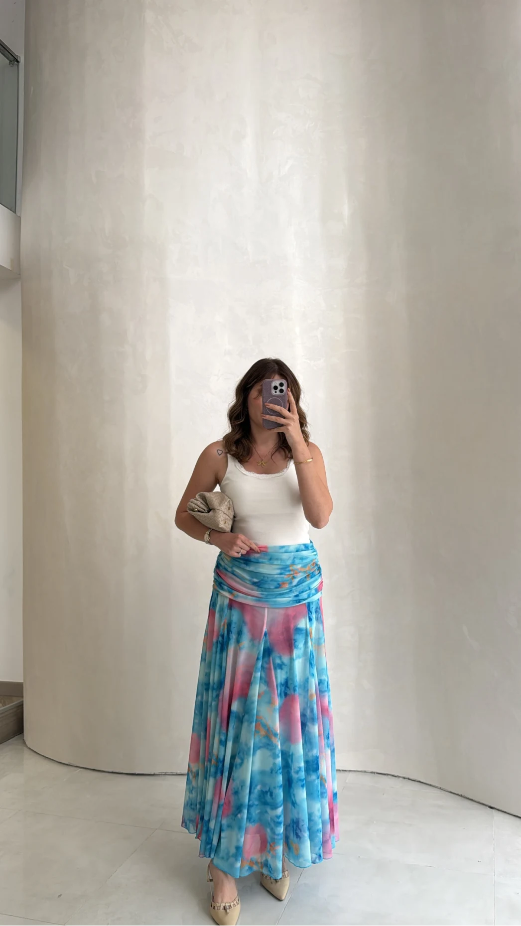 Beli Büzgülü Uzun Astarlı Şifon Etek - Mavi - Kod: 580466