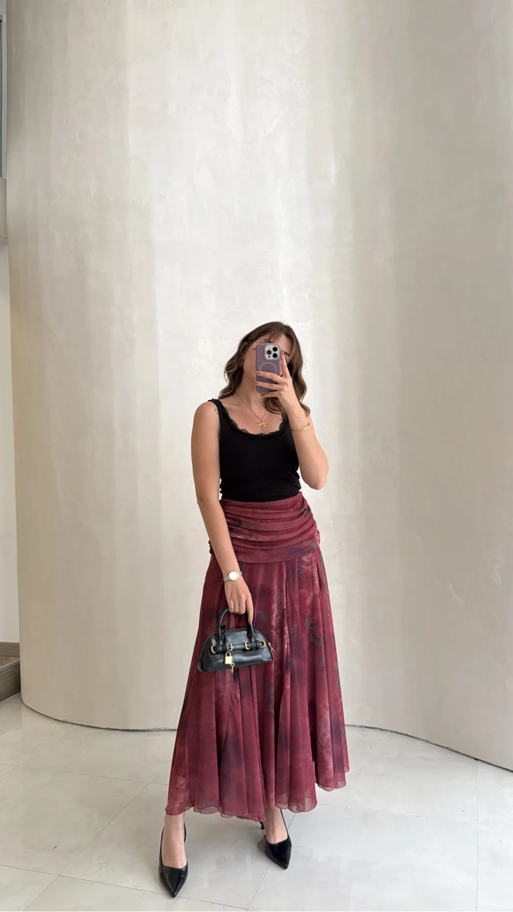 Beli Büzgülü Uzun Astarlı Şifon Etek - Bordo - Kod: 580466