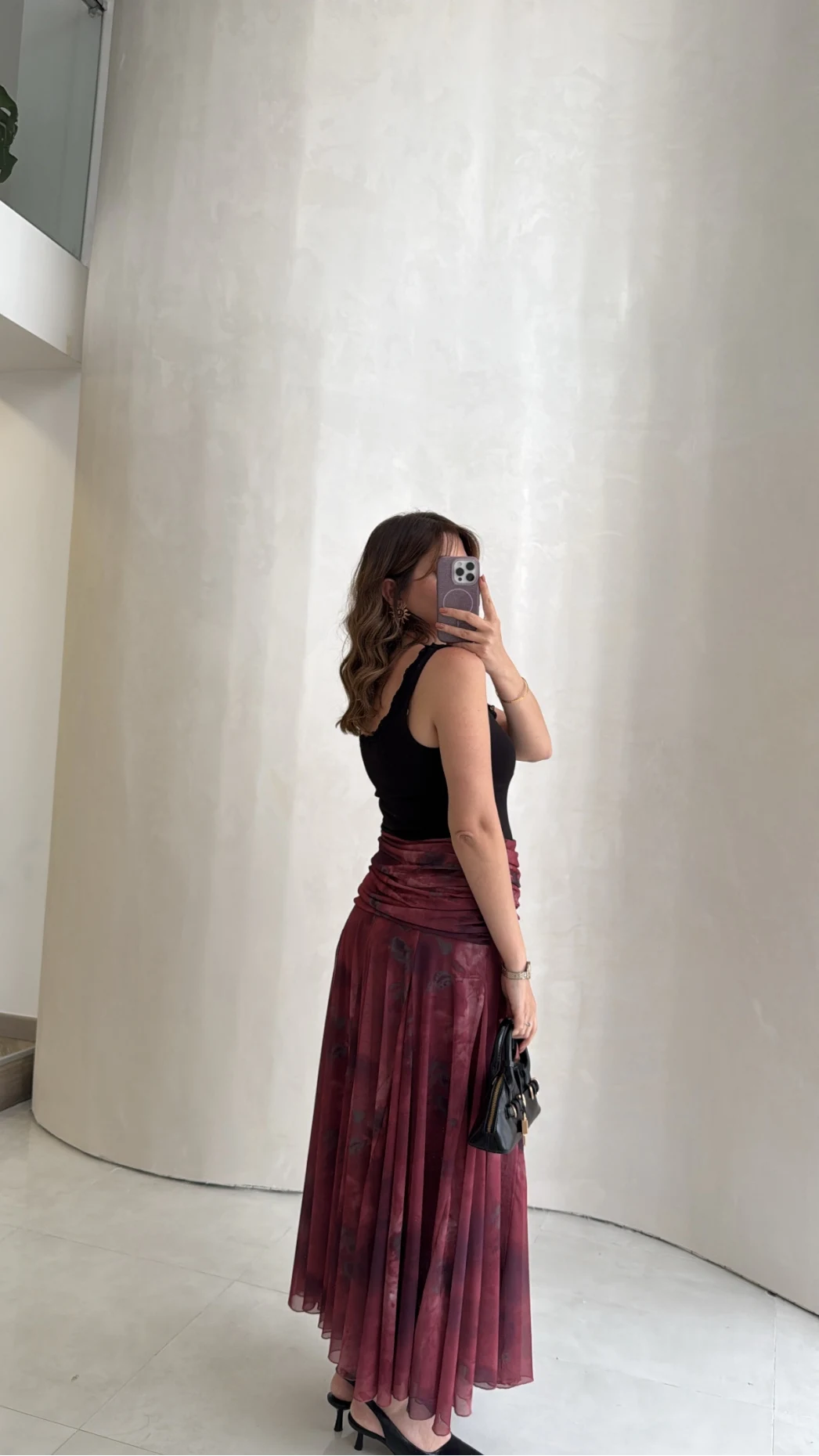 Beli Büzgülü Uzun Astarlı Şifon Etek - Bordo - Kod: 580466