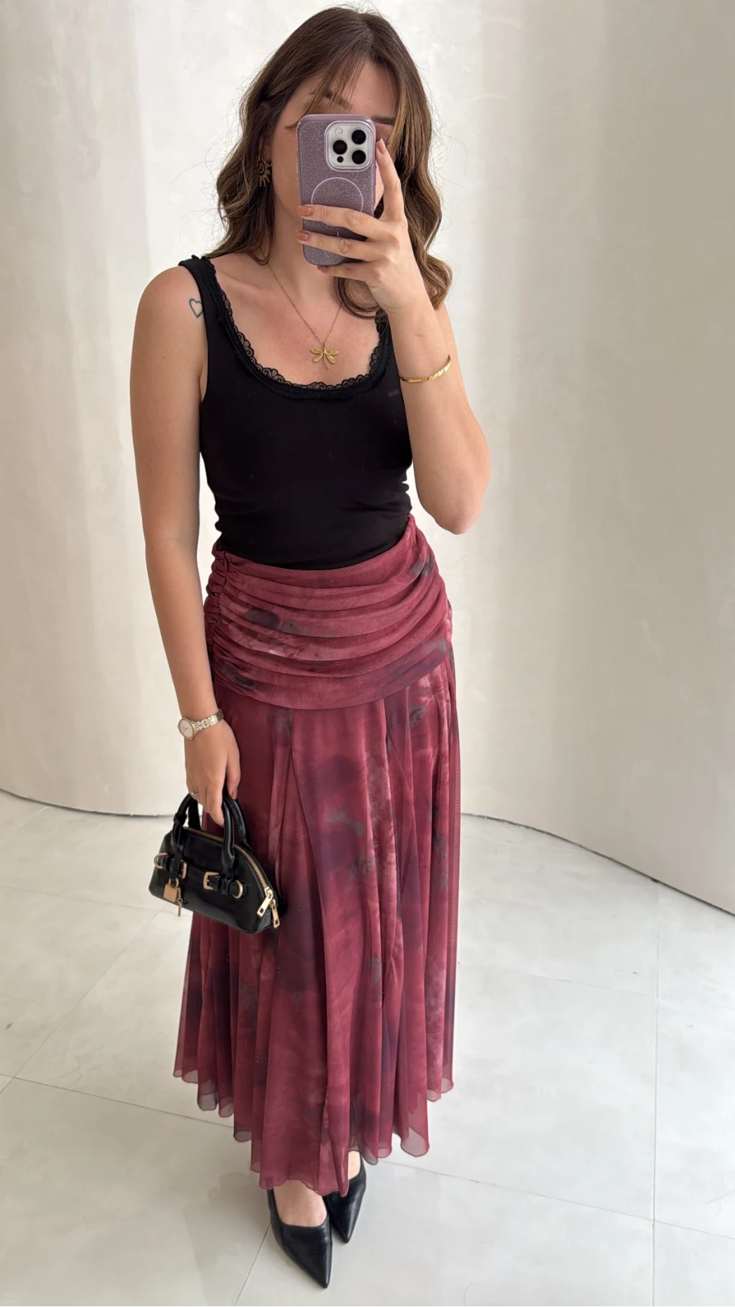 Beli Büzgülü Uzun Astarlı Şifon Etek - Bordo - Kod: 580466