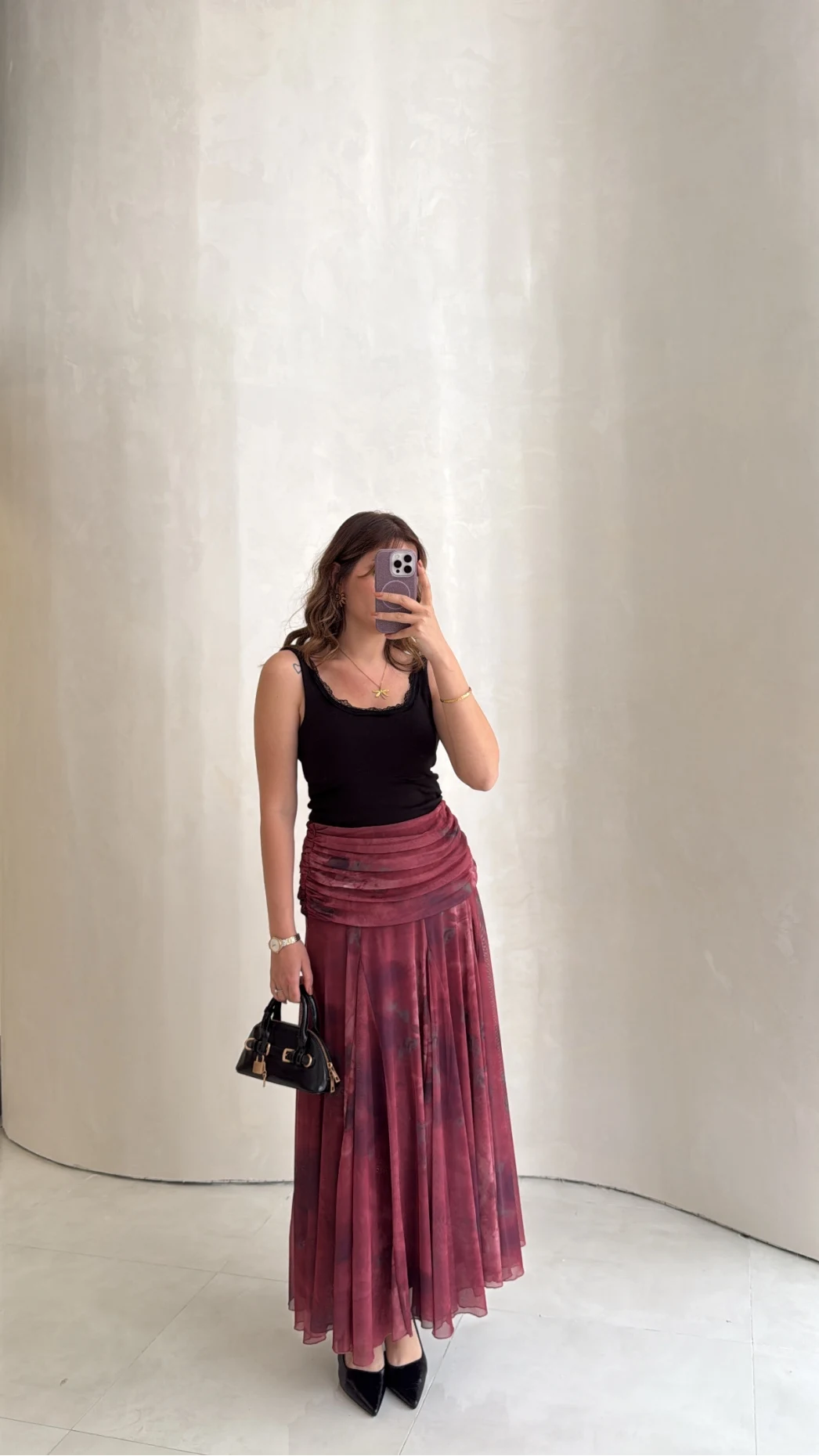 Beli Büzgülü Uzun Astarlı Şifon Etek - Bordo - Kod: 580466