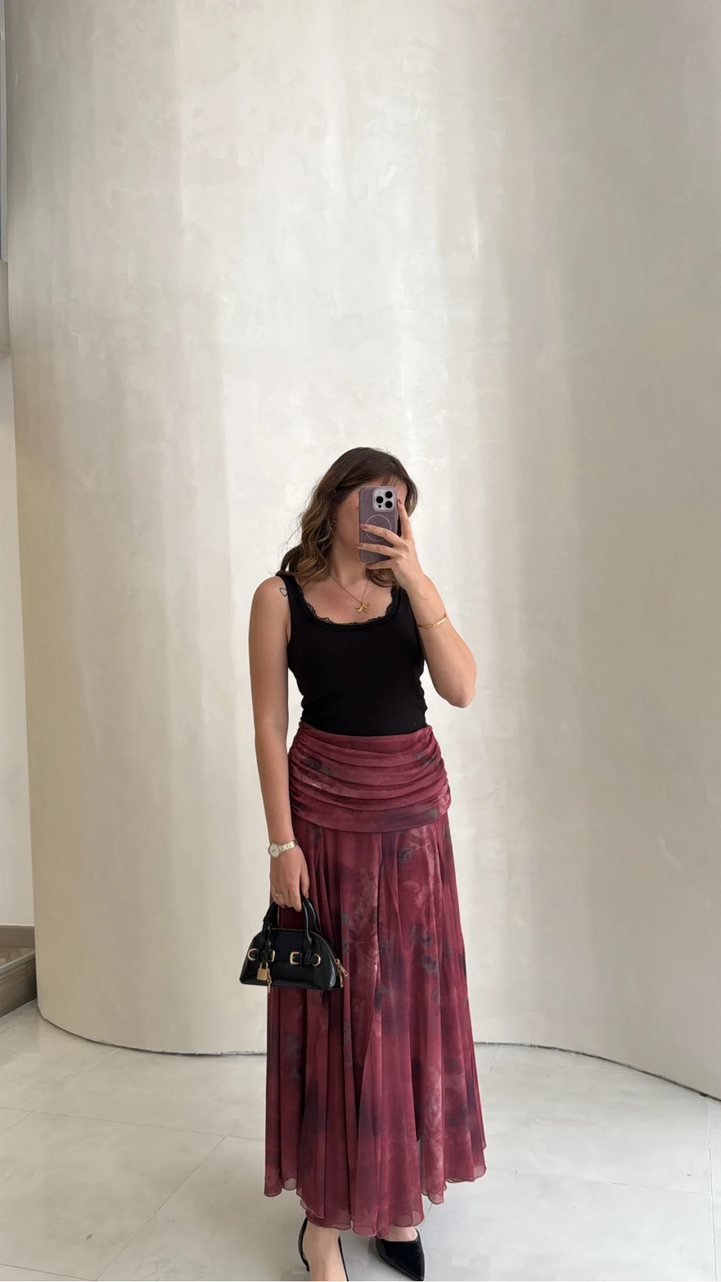 Beli Büzgülü Uzun Astarlı Şifon Etek - Bordo - Kod: 580466