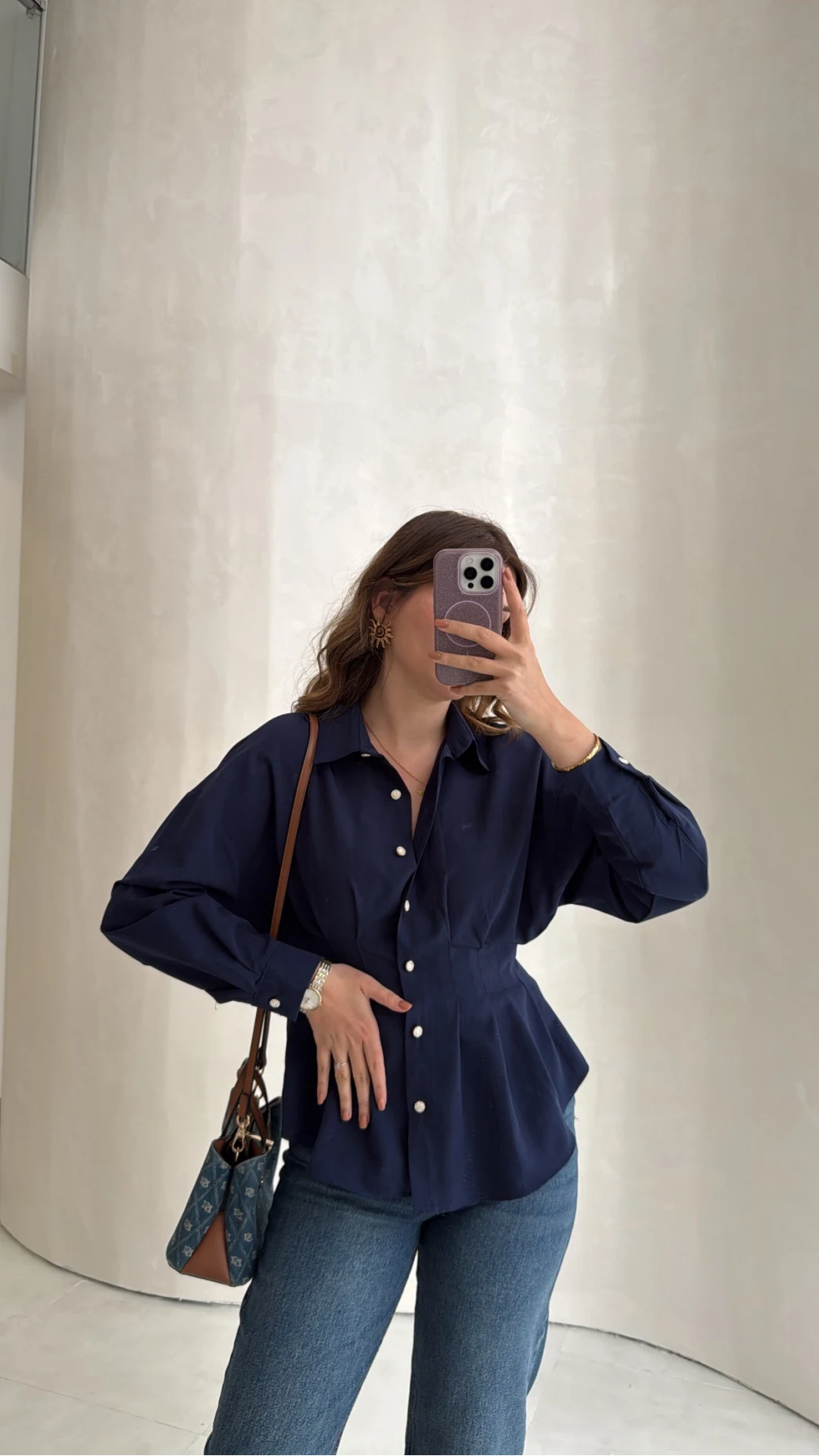 Taş Düğme Detaylı Beli Pileli Gömlek - Lacivert - Kod: 2247