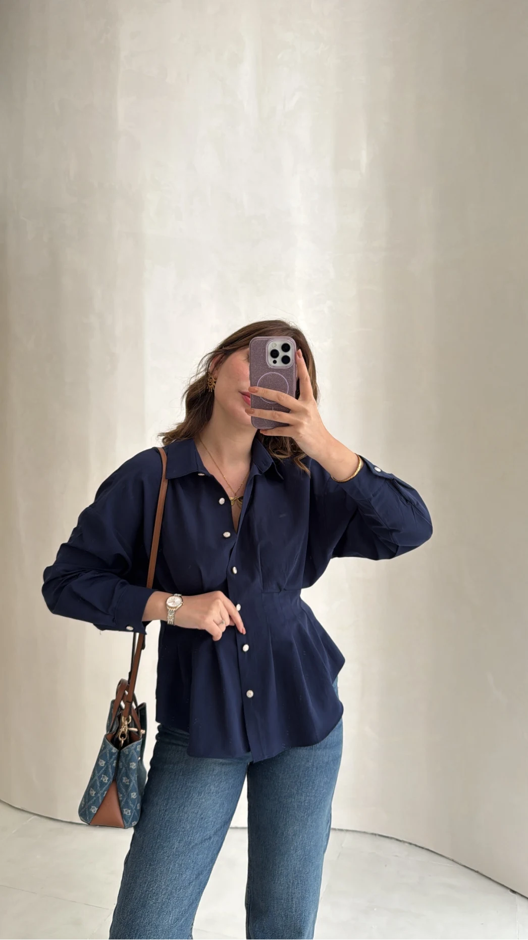 Taş Düğme Detaylı Beli Pileli Gömlek - Lacivert - Kod: 2247