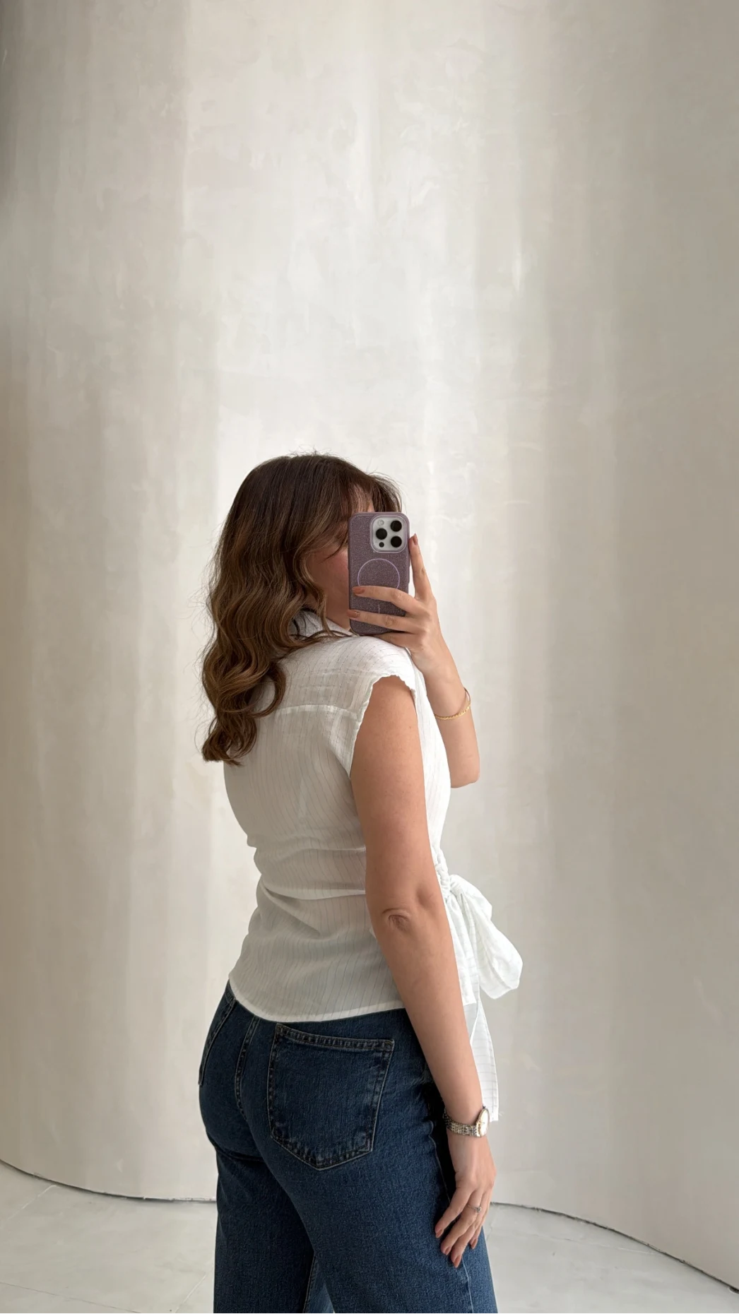 Bağlamalı Çizgili Pamuk Bluz - Beyaz - Kod: 580438