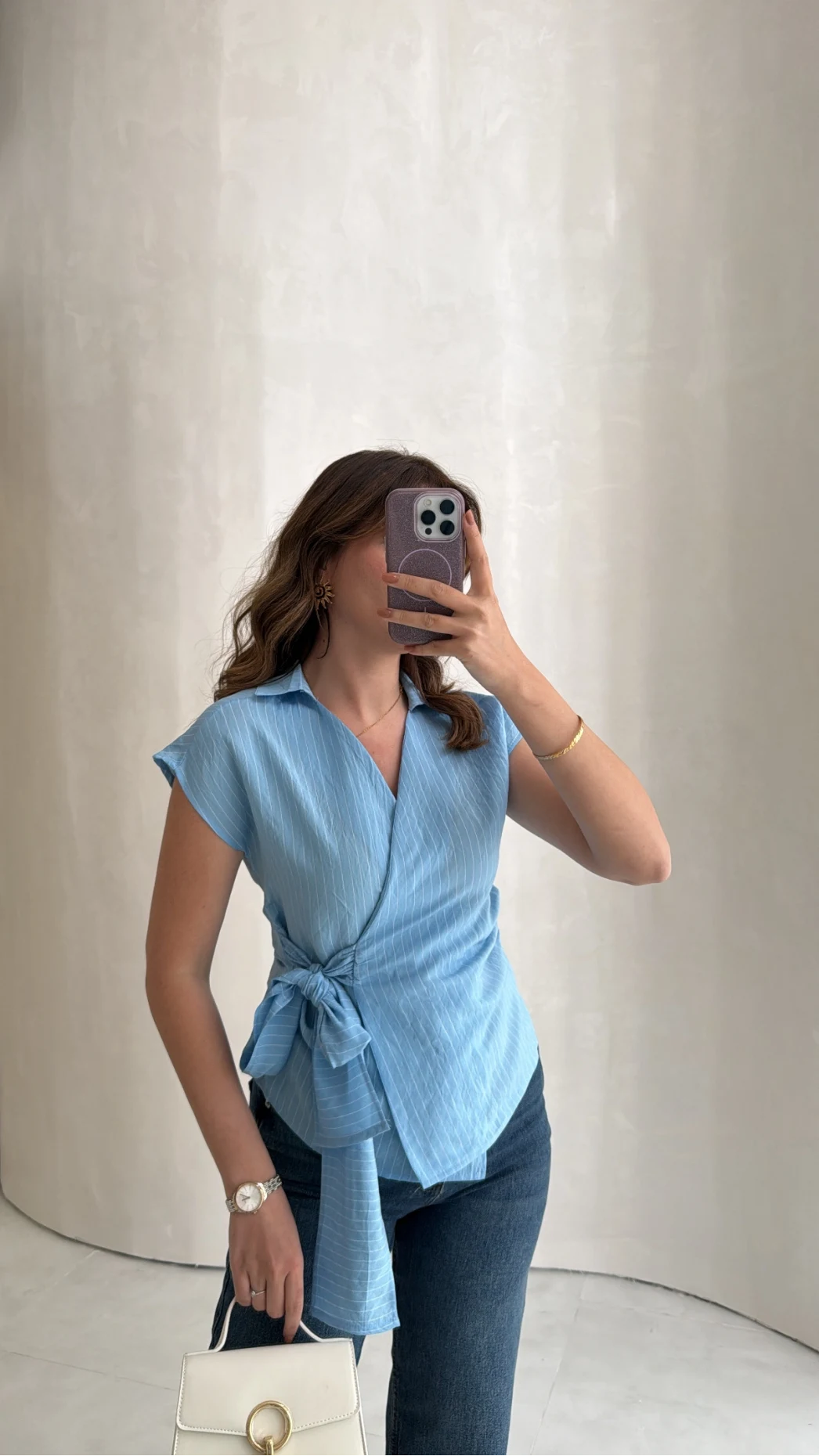 Bağlamalı Çizgili Pamuk Bluz - Mavi - Kod: 580438
