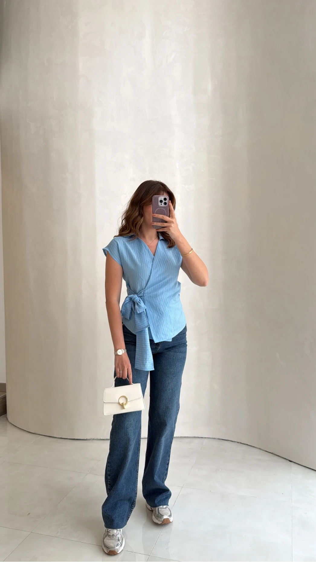 Bağlamalı Çizgili Pamuk Bluz - Mavi - Kod: 580438