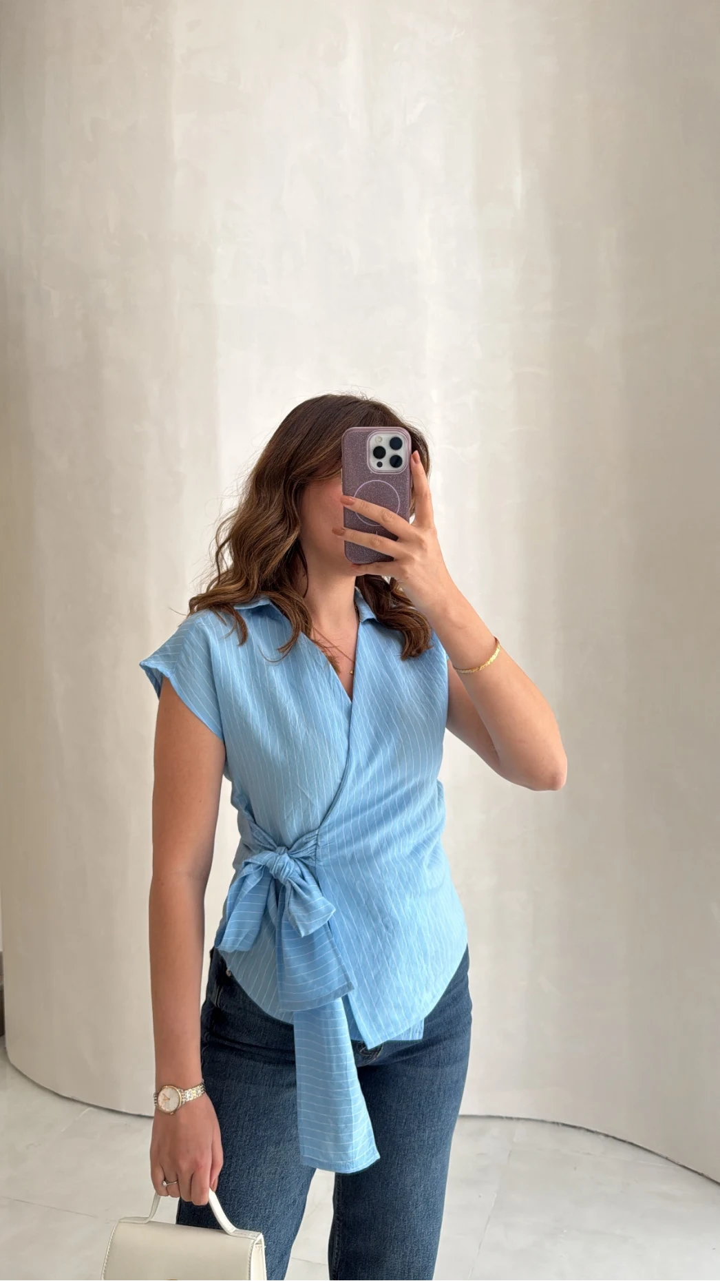 Bağlamalı Çizgili Pamuk Bluz - Mavi - Kod: 580438