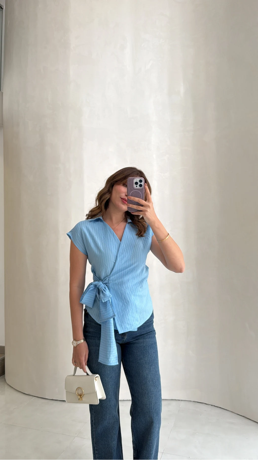 Bağlamalı Çizgili Pamuk Bluz - Mavi - Kod: 580438