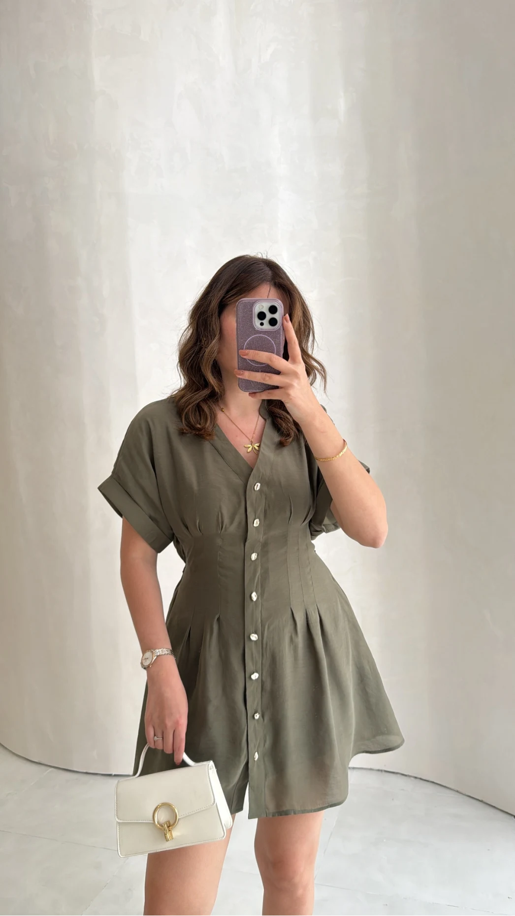 Bele Oturan Kuşaklı V Yaka Düğmeli Mini Elbise - Haki - Kod: 3080