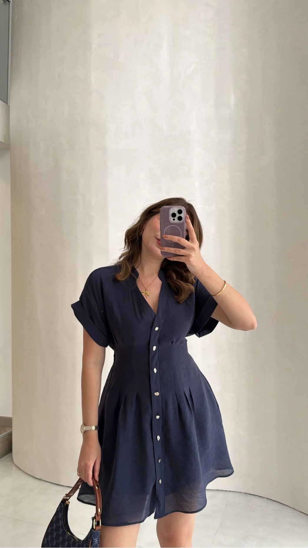 Bele Oturan Kuşaklı V Yaka Düğmeli Mini Elbise - Lacivert - Kod: 3080