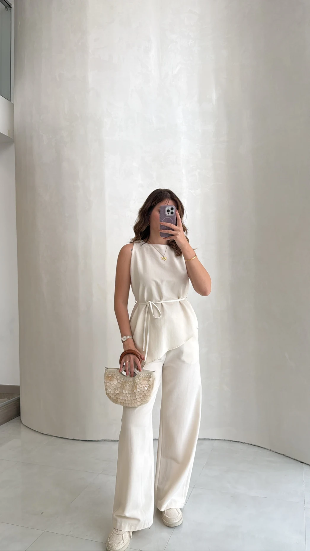 Adel Bağcıklı Asimetrik Bluz Pantolon Takım - Naturel - Kod: 8784