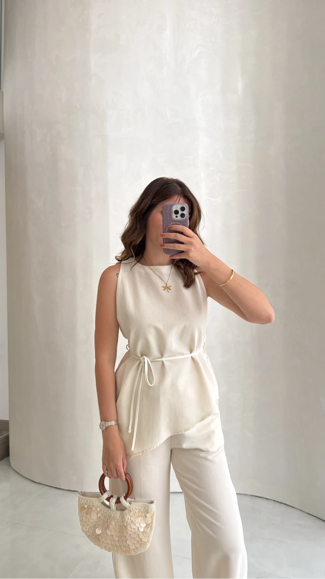 Adel Bağcıklı Asimetrik Bluz Pantolon Takım - Naturel - Kod: 8784