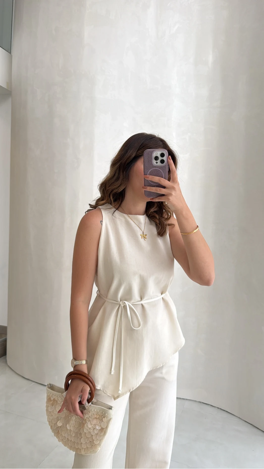 Adel Bağcıklı Asimetrik Bluz Pantolon Takım - Naturel - Kod: 8784