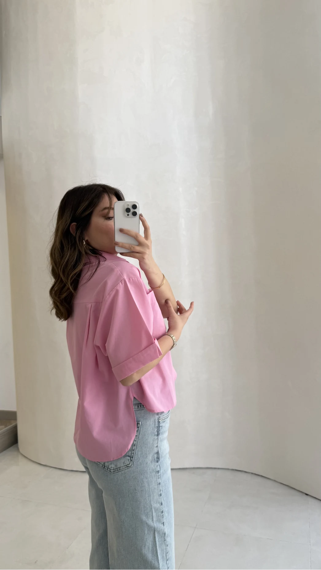 Oversize Yarım Kol Gömlek - Pembe - Kod: 2093