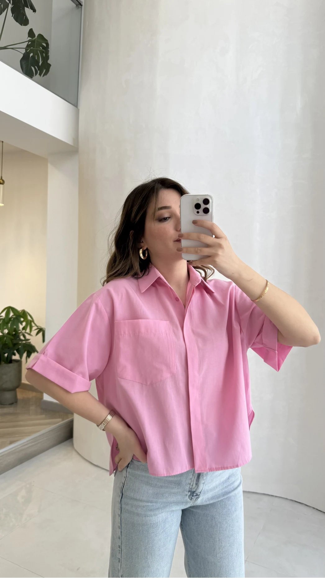 Oversize Yarım Kol Gömlek - Pembe - Kod: 2093