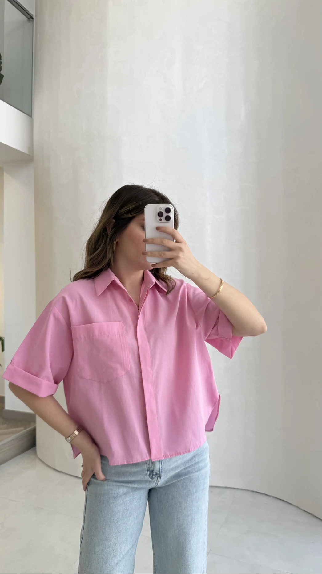 Oversize Yarım Kol Gömlek - Pembe - Kod: 2093