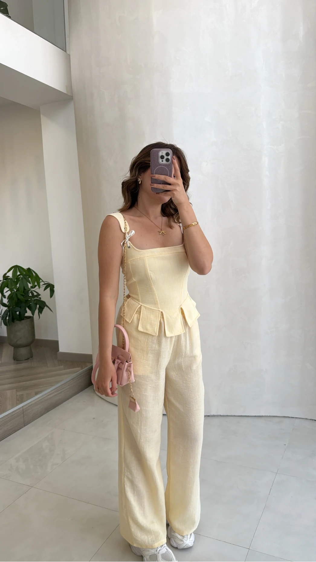 Askılı Korse Bluz Pantolon Takım - Sarı - Kod: 58525