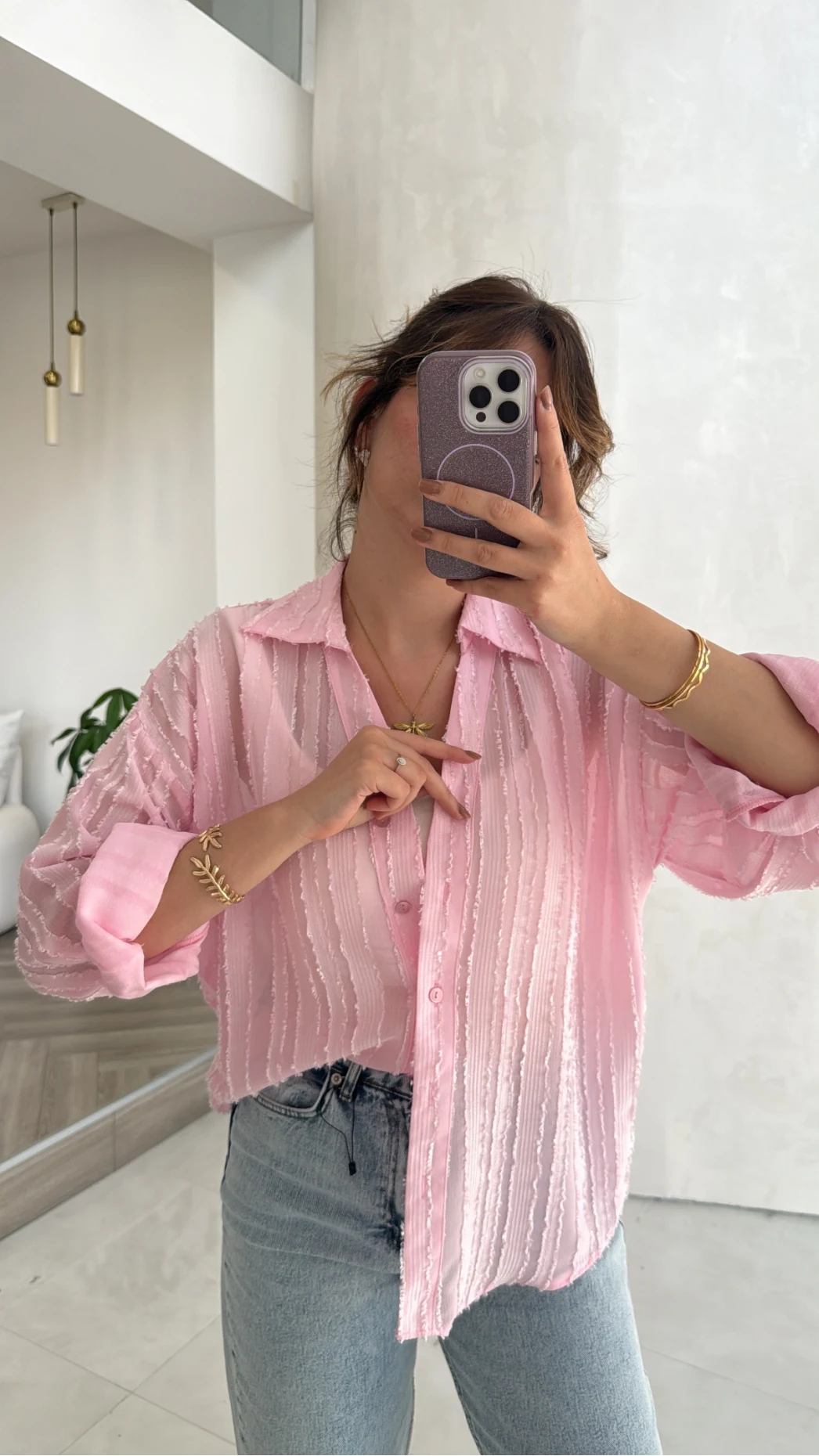 Millie Çizgili Püskül Detay Gömlek - Pembe - Kod: 2296