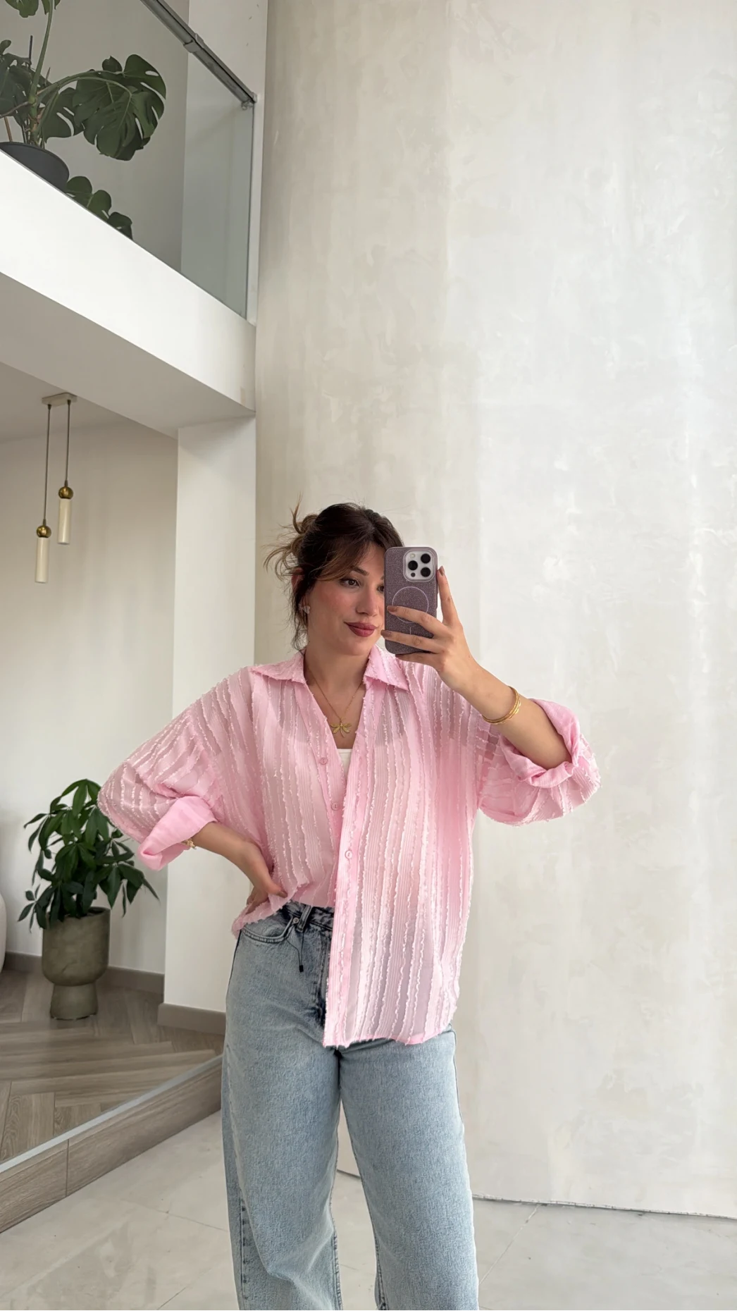 Millie Çizgili Püskül Detay Gömlek - Pembe - Kod: 2296