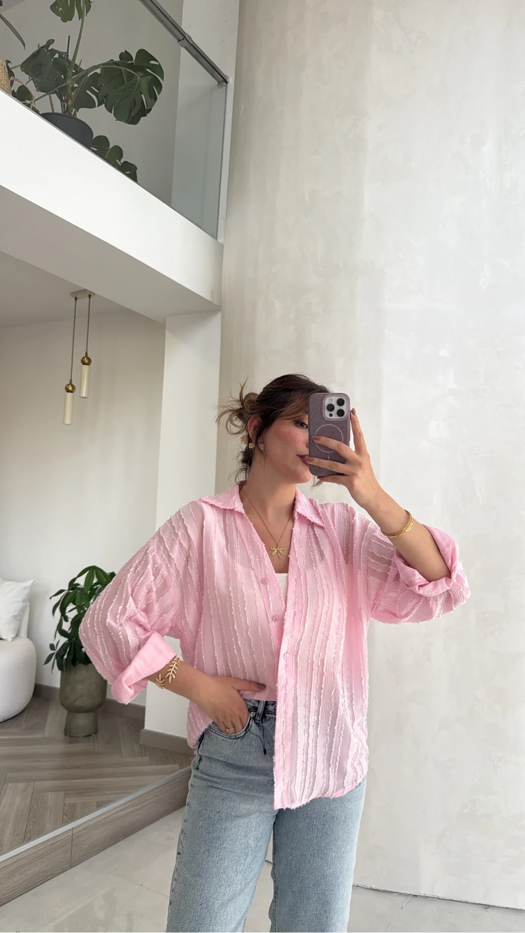 Millie Çizgili Püskül Detay Gömlek - Pembe - Kod: 2296