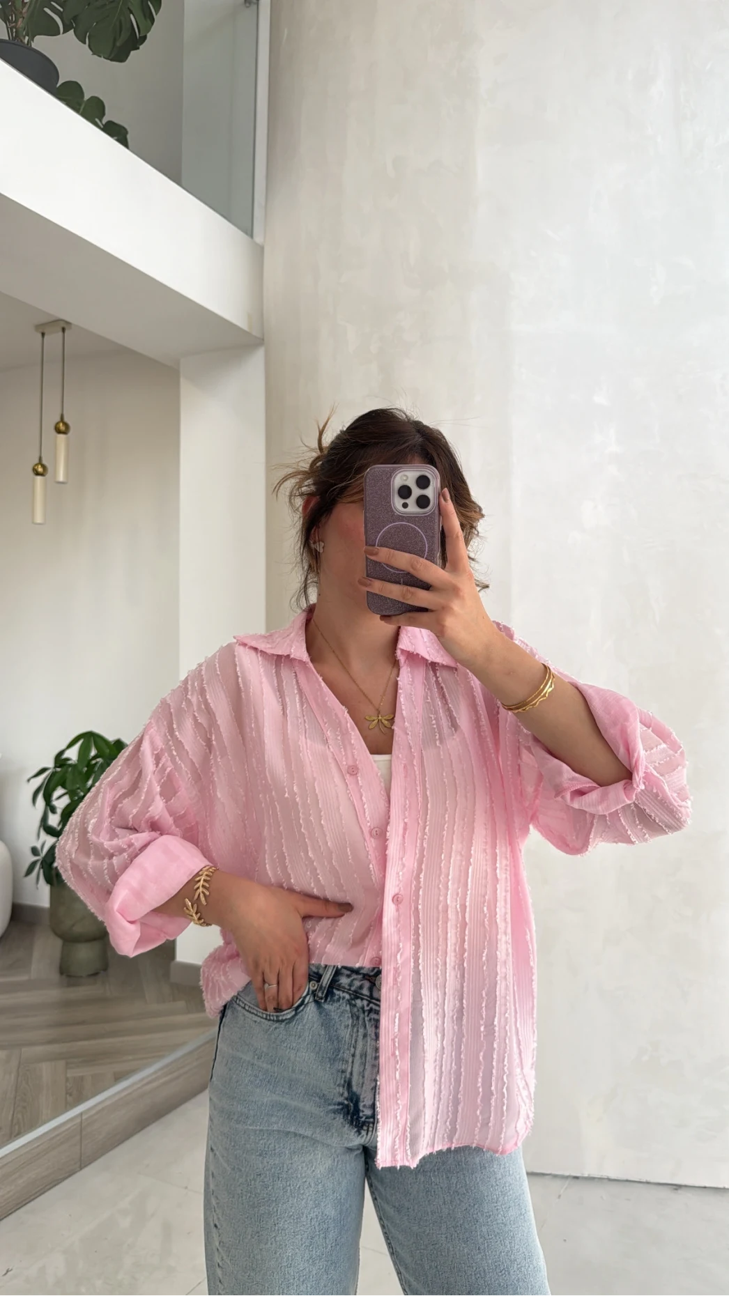 Millie Çizgili Püskül Detay Gömlek - Pembe - Kod: 2296