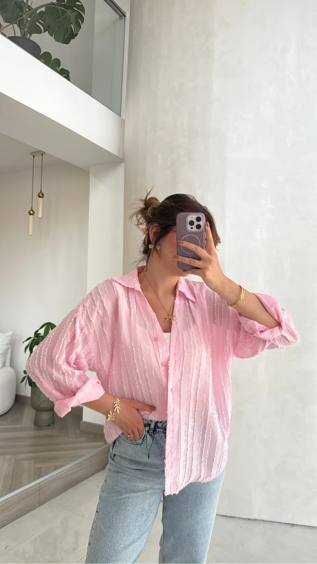 Millie Çizgili Püskül Detay Gömlek - Pembe - Kod: 2296