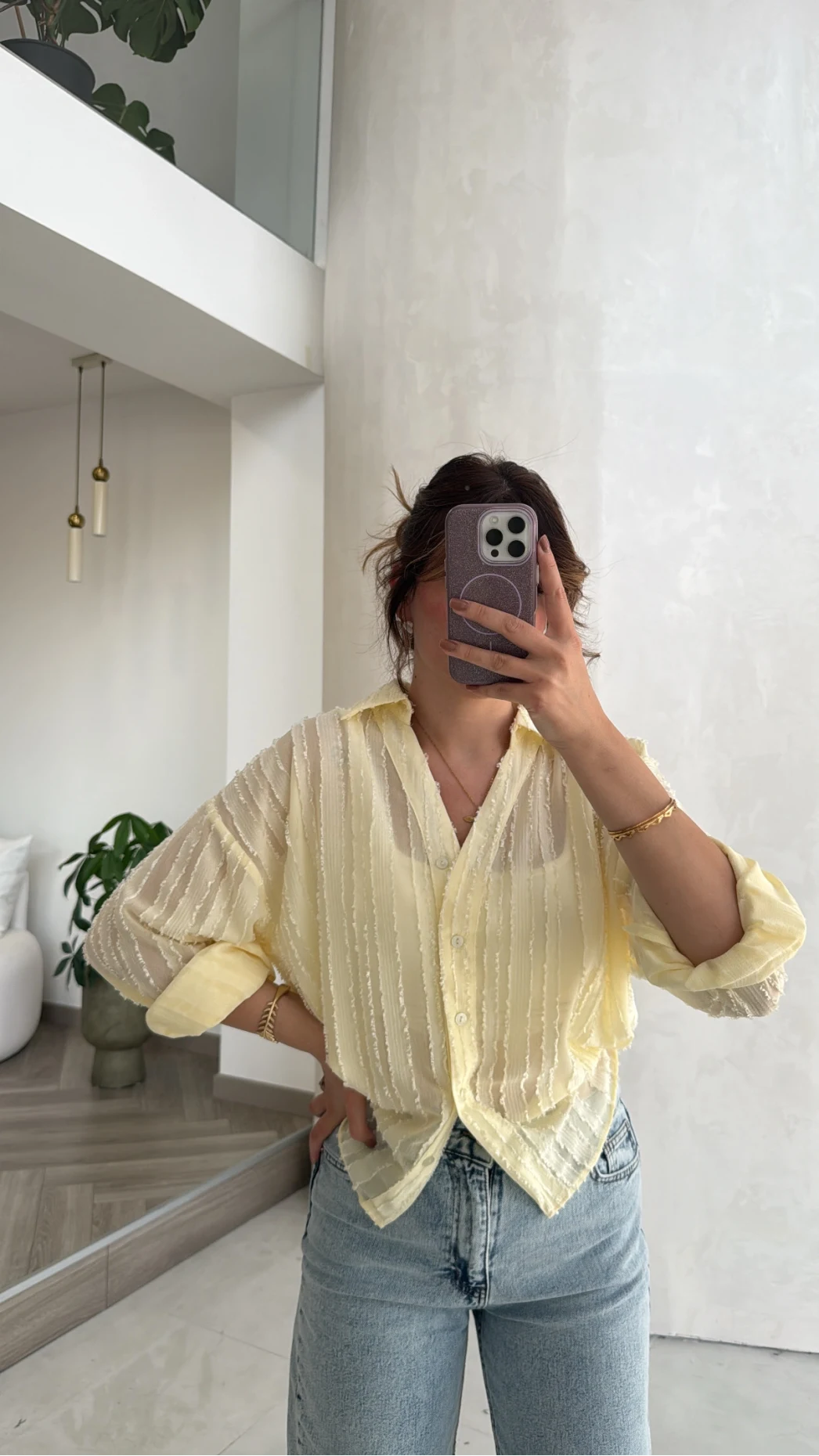 Millie Çizgili Püskül Detay Gömlek - Sarı - Kod: 2296