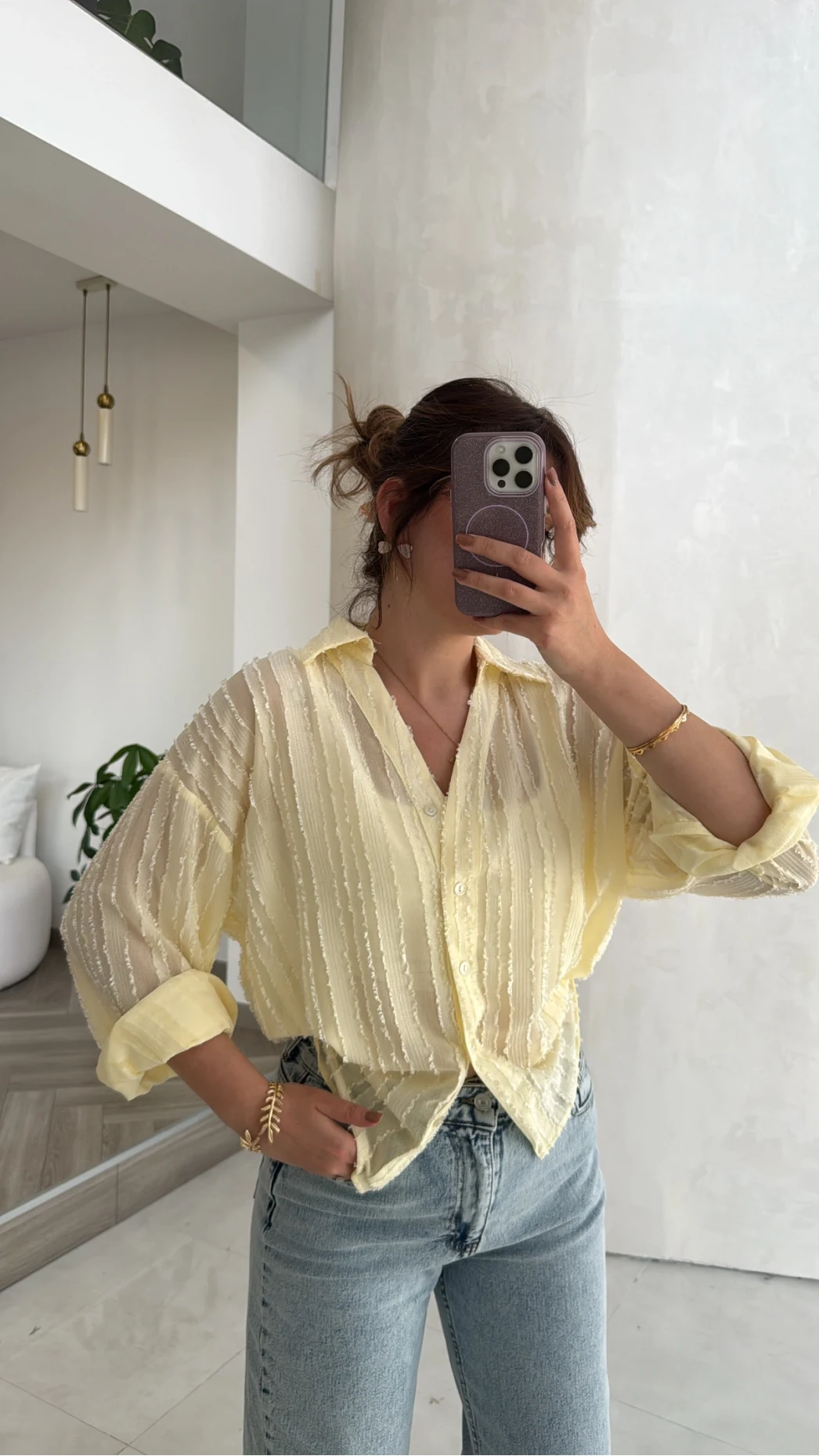 Millie Çizgili Püskül Detay Gömlek - Sarı - Kod: 2296