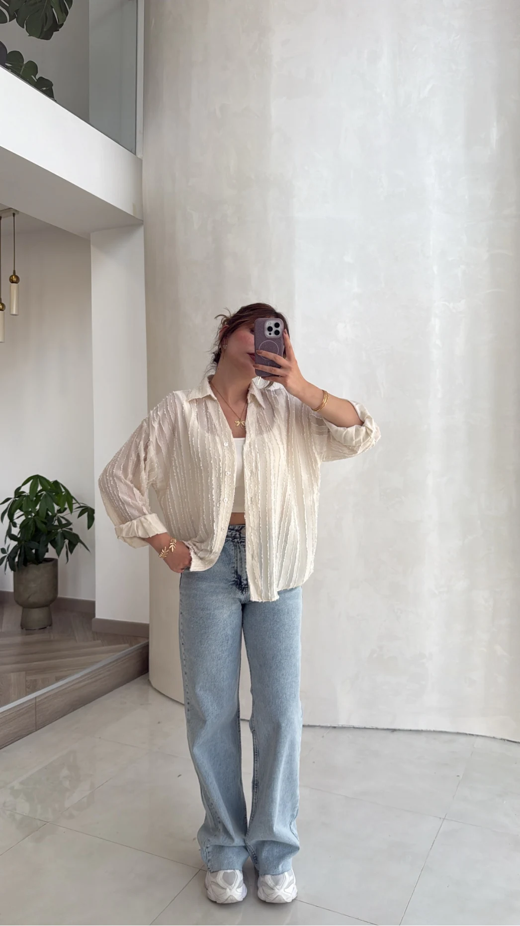 Millie Çizgili Püskül Detay Gömlek - Ekru - Kod: 2296