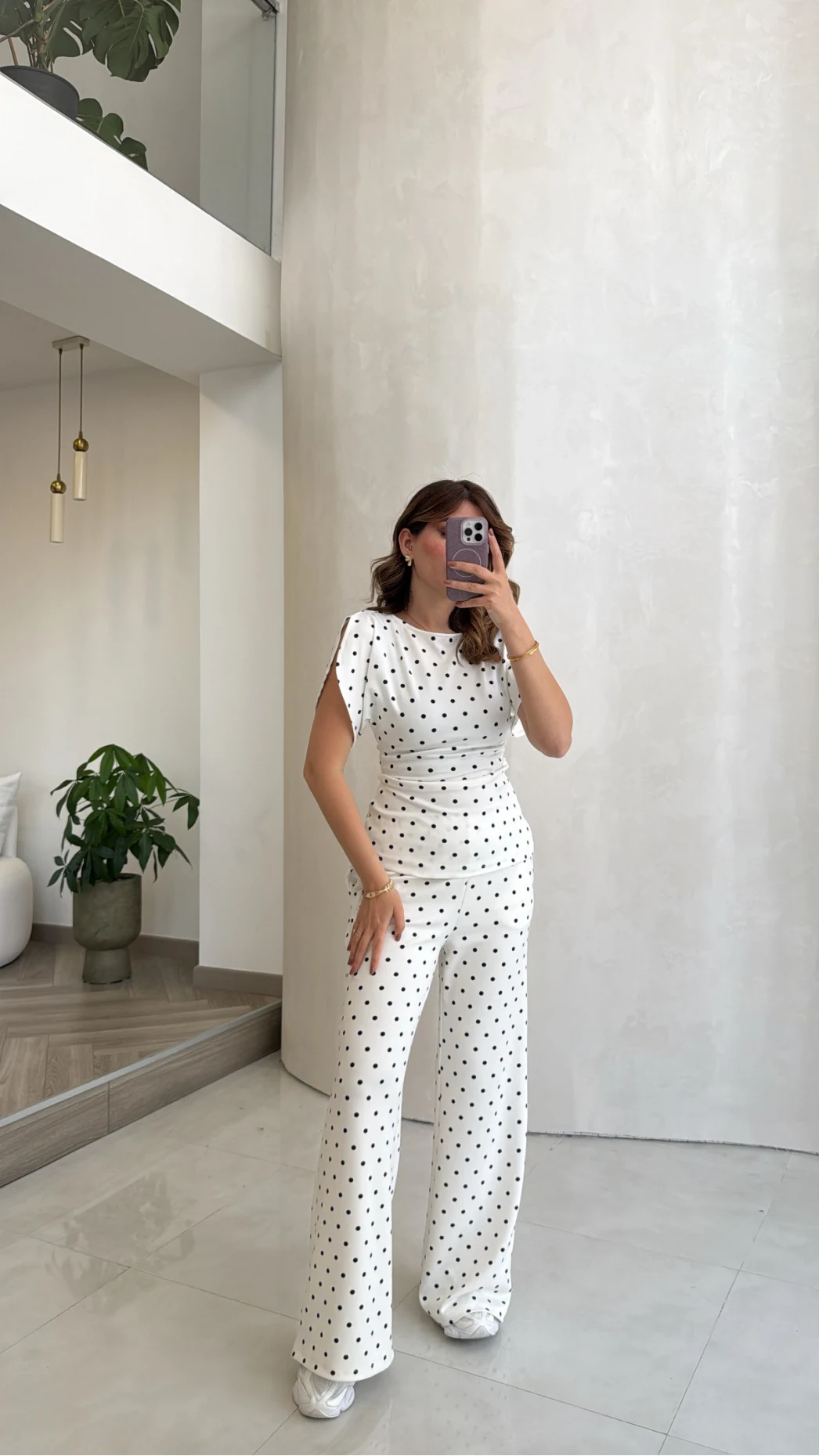 Andora Puantiye Desen Bluz Pantolon Takım - Ekru - Kod: 4133