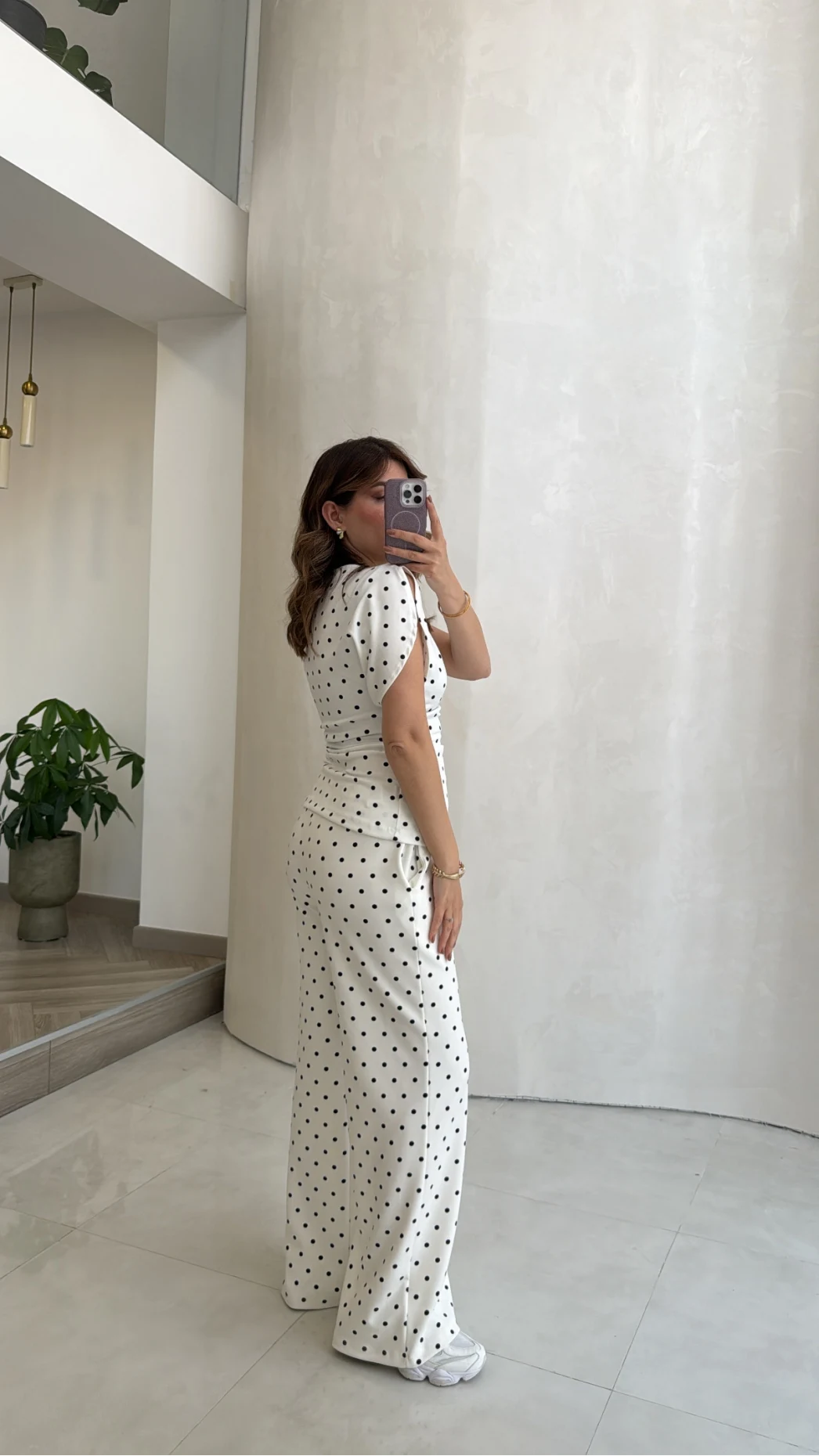 Andora Puantiye Desen Bluz Pantolon Takım - Ekru - Kod: 4133