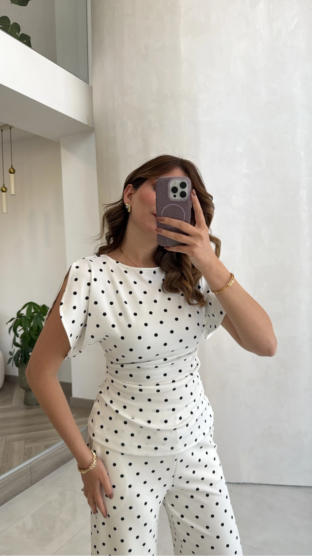 Andora Puantiye Desen Bluz Pantolon Takım - Ekru - Kod: 4133