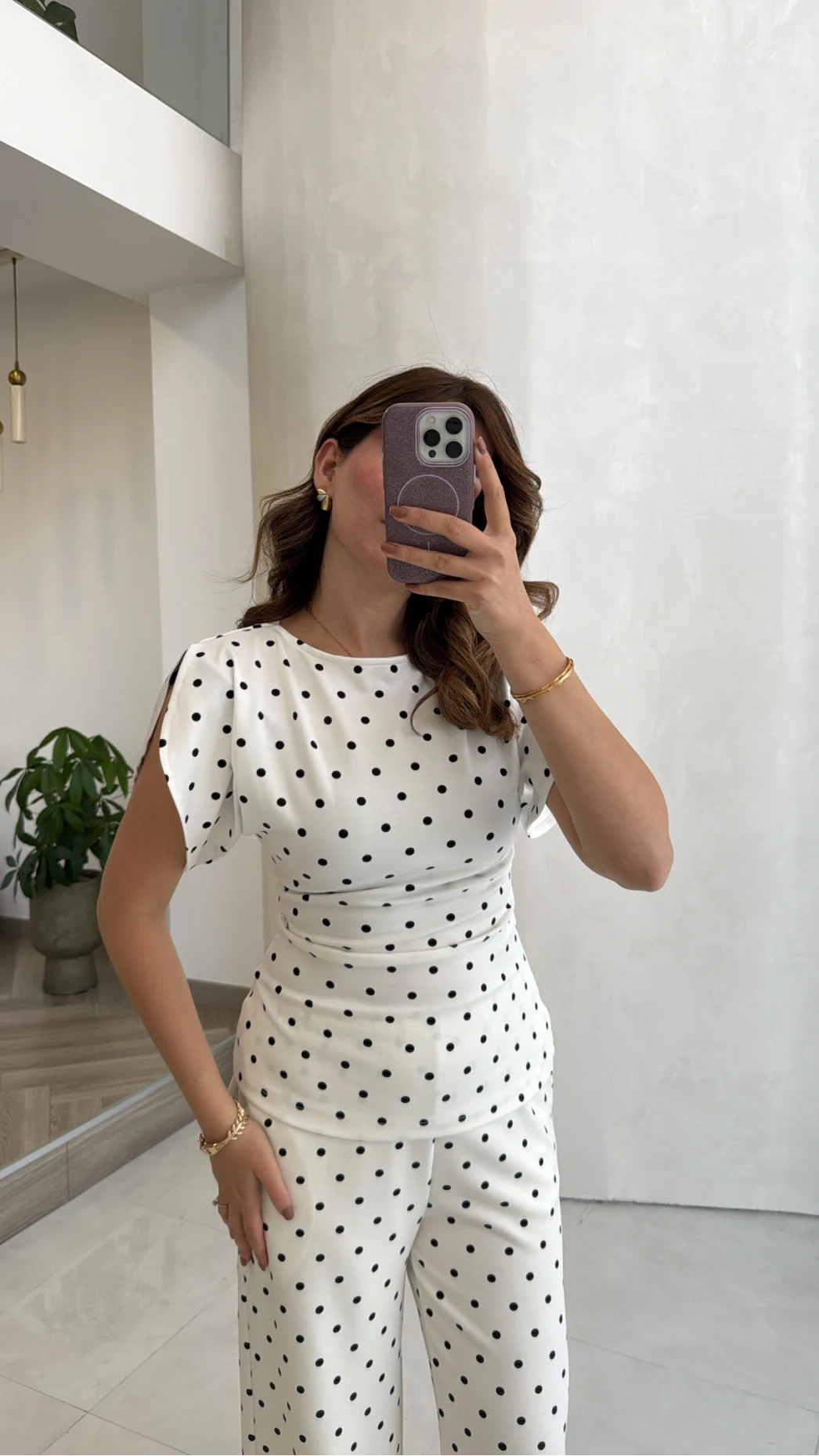Andora Puantiye Desen Bluz Pantolon Takım - Ekru - Kod: 4133