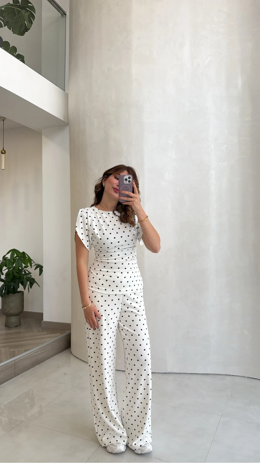 Andora Puantiye Desen Bluz Pantolon Takım - Ekru - Kod: 4133