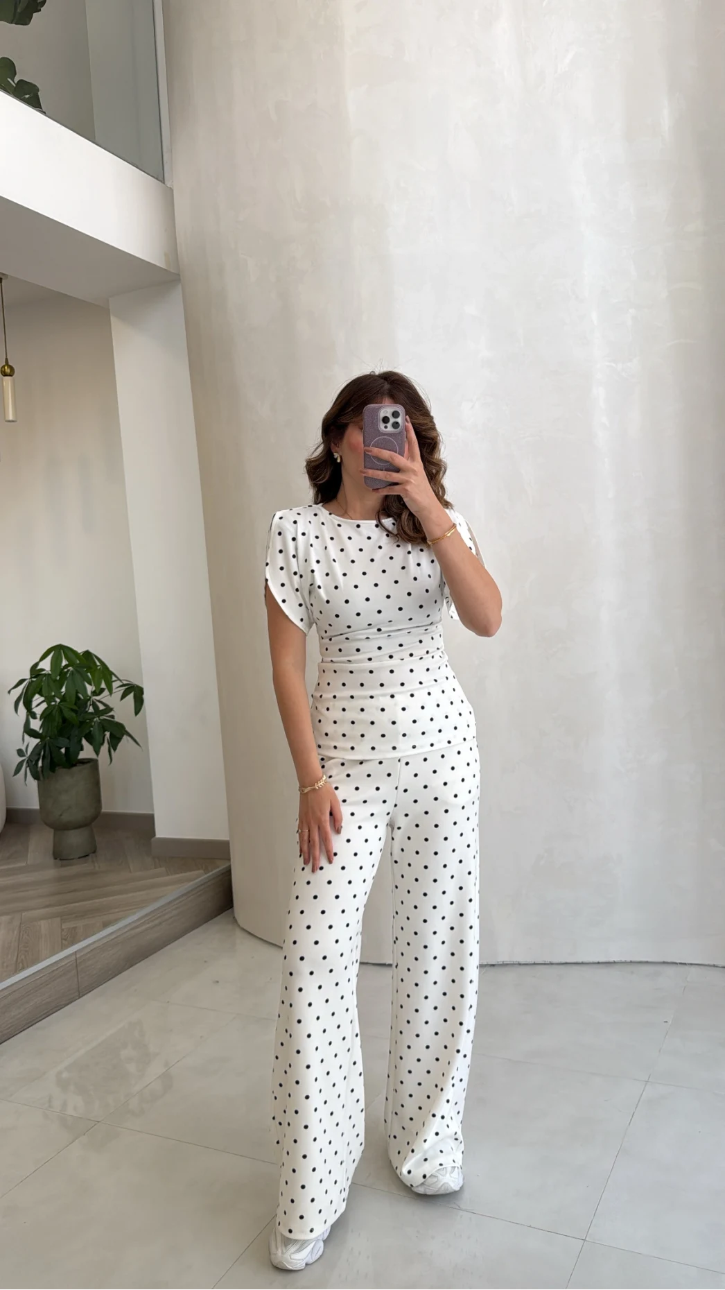 Andora Puantiye Desen Bluz Pantolon Takım - Ekru - Kod: 4133